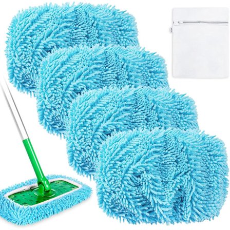Neliosainen moppimattosetti - kotitalouksien litteä moppimatto - sopii Swiffer Sweeper- ja Sweep & Mop Deluxe -moppiliinoille - sininen