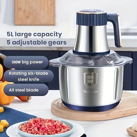 Elektrisk kødhakker 5L - Rustfri stål foodprocessor til kød, grøntsager & nødder | Med 4 skarpe blade & pasta tilbehør