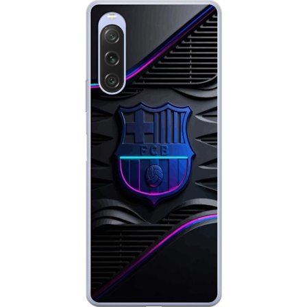 Yhteensopiva Puhelinkuori Sony Xperia 10 V FC Barcelonan seuraemblemii neon sinistä ja vaaleanpunaista futuristisella metallisella suunnittelulla