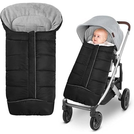 ING Vinterkørepose til klapvogn med lynlås, snøre og hætte, vandtæt, vindtæt og opvarmet, til småbørn, babybærer og barnevogn, sort