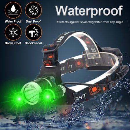 Grønt lys hodelykt nattsyn, ultralys hvit grønn hodelykt USB oppladbar LED hodelykt