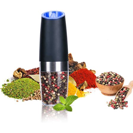 Elektrisk salt- og pepperkvernsett, gravitasjonssensor, automatisk pepperkvern, enhåndsbetjening, justerbar grovhet, blått LED-lys.