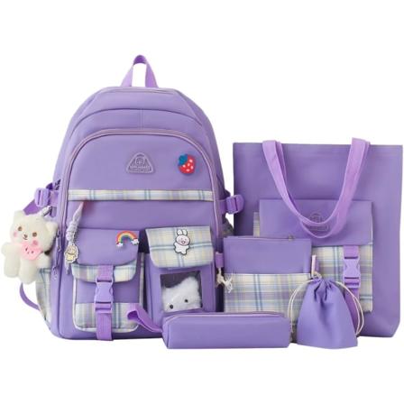 5 stk. lærredstøjsskole taske med vedhæng pins tilbehør til teenagere piger æstetisk rygsæk skulder tote tasker daypack til tilbage til skole-lilla