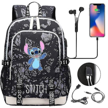 Stitch Rejsetaske, Skoletaske med USB-opladning, Oxford Rygsæk til Lilo og Stitch Fans, Teenager Laptop Taske, Ideel Fødselsdagsgave Taske