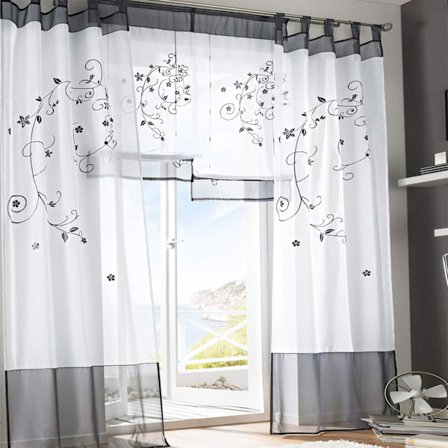 Blommiga genomskinliga gardiner Voile Broderi med flikar Fönsterpaneler för sovrum Vardagsrumsdekoration 2 paneler, Grå, L140cm x H225cm