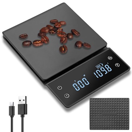 Digitaalinen kahvivaaka, kahvivaaka ajastimella, 3 kg / 0,1 g tarkka vaaka, ladattava akku, suodatinkahville