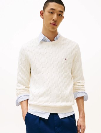 Tommy Hilfiger Classic Cotton Cable Crew Neck - White - XL