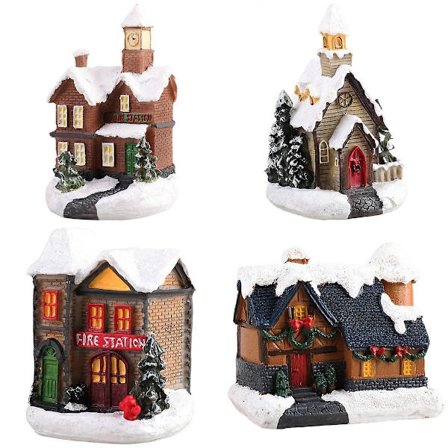 LED Snøhuslandsby 4-delt sett skrivebordsdekorasjon