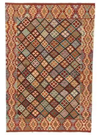 Tissé À La Main Kilim Afghan Old Style Tapis 205X302 De Laine Marron/Rouge Foncé