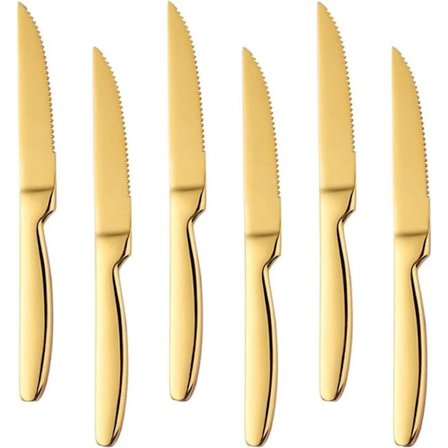 6-delt sæt med bøfknive, takket rustfrit stål, kraftigt, tåler opvaskemaskine