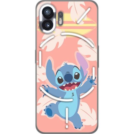 Kompatibel Mobilcover til Nothing Phone (2) Glad illustration af Stitch der hopper foran lyserød baggrund med surfbræt