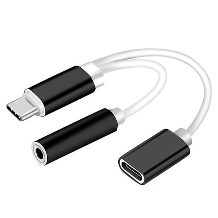 Musta USB-C-3,5 mm:n äänikaapeli, USB-C-puhelimen lataussovitin