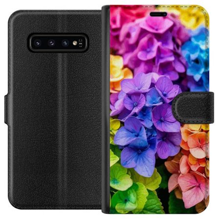 Yhteensopiva Lompakkokotelo Samsung Galaxy S10 Hydrangea kukkia hortensia kukkia värikkäitä sateenkaari kukkakuosi vaaleanpunainen sininen violetti ke