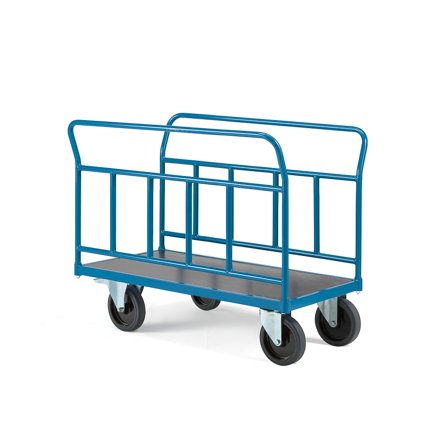 Plattformwagen TRANSFER, 2 lange Stahlseiten, 900x500 mm, elastischer Gummi, mit Bremsen