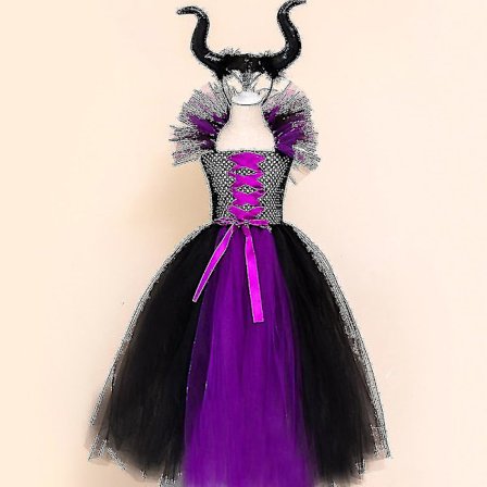 Børn sort djævel kostume piger Fancy kostume til kjole med fjer sjal Royal Maleficent kjole kjole Halloween sort-lilla V1_s høj kvalitet