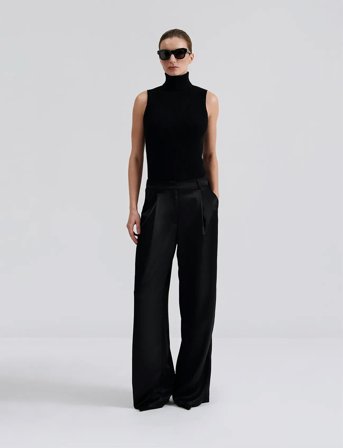 Malina Sarah Elastic Waist Satin Pants - Black - XL