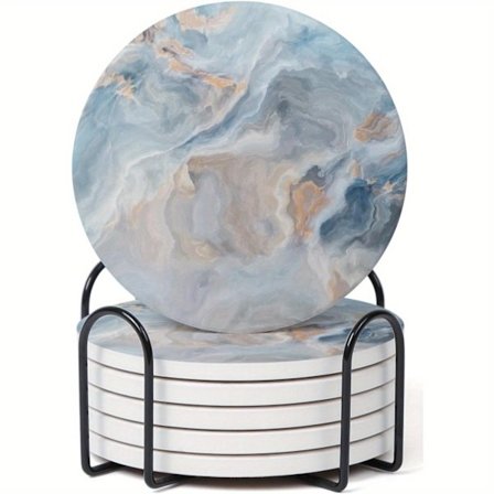 Et sett med 6 abstrakte blå marmor coasters