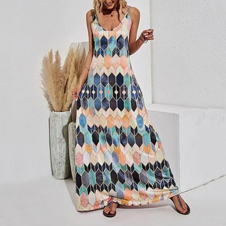 Dam V-hals Spaghetti Strap Diamond Print Sundress Maxiklänningar