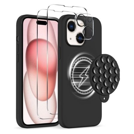 Skal med Magsafe och sugpropp + Skärm- och linsskydd till iPhone 15 - Svart