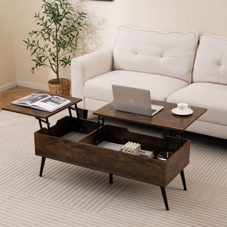 COSTWAY Hæve-sænkebord 40-53,5 cm, 2 Skjulte Opbevaringsrum, Metalben, Stuebord Brun Rustik