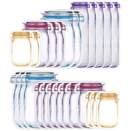 Uudelleenkäytettävät pakastepussit, ostoskassit, uudelleenkäytettävät ostoskassit, Mason-pussi, tuorepussi, elintarvikkeiden säilytyspussit (25 kpl)