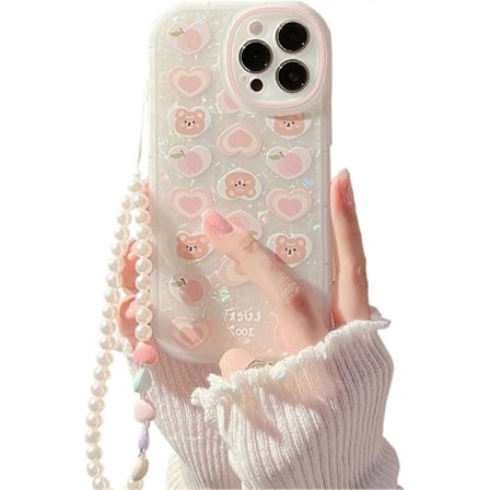 1 st Kompatibel med iPhone 15 Pro Max Skal med Kedja, Sött Estetiskt Kärlekshjärta Björn Mönster Skal med Pärltelefonberlock för iPhone 15 Pro Max 