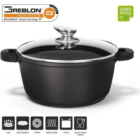 Gryta 28cm 5,7 liter alla värmekällor + induktion Tål ugn och diskmaskin... non-stick marmor med lock