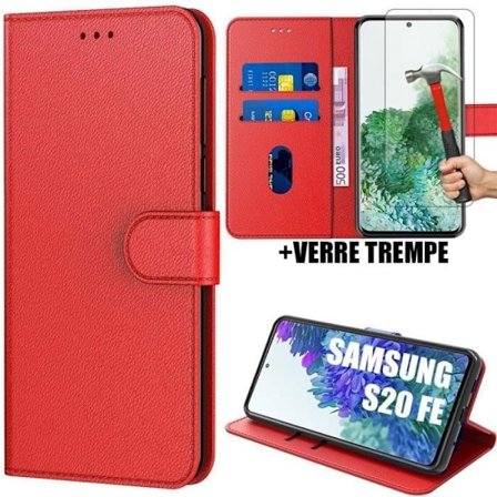 Mobilskal - PROSHOP - för Samsung S20 FE - Röd - Lädereffekt - Represistent - med 2 Härdade Glas