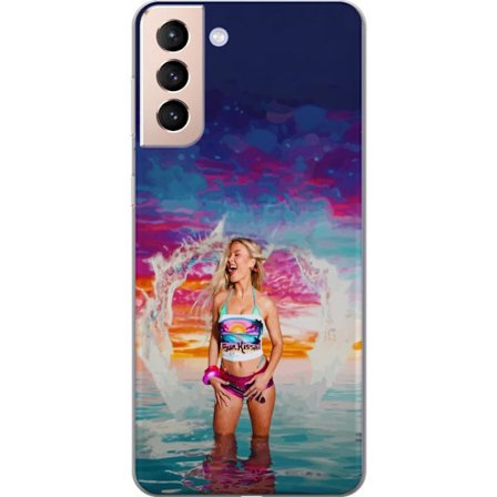 Kompatibelt Mobildeksel til Samsung Galaxy S21 Blond kvinne i fargerik strandantrekk som leker i havet ved solnedgang