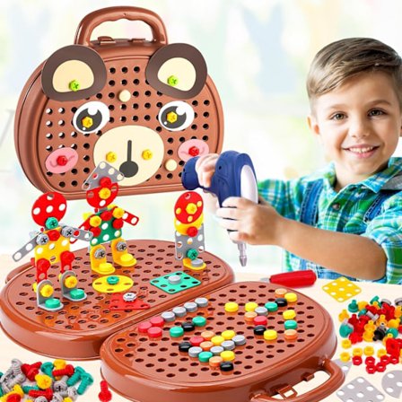 Magic Montessori Leikkikotelo - Magic Montessori Leikkikotelo Karhu Porakoneella, Luova Mosaiikki Puzzle Leikkityökalusarja Lapsille, Lasten 