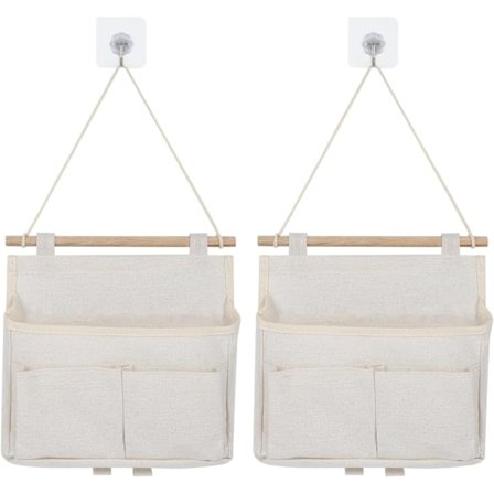 2 stk. Veggmonterte Oppbevaringsposer, Oppbevaringspose med Høy Kapasitet og Lommer, Vanntett Hengende Oppbevaring i Linstoff, Hengende Organizer (