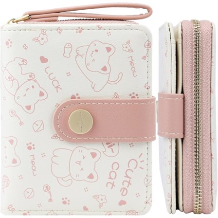 Katte-tema pung, lille og sød pung, minimalistisk katte-design, rejse pung til kvinder, kreditkortholder i læder med ID-vindue. Pink