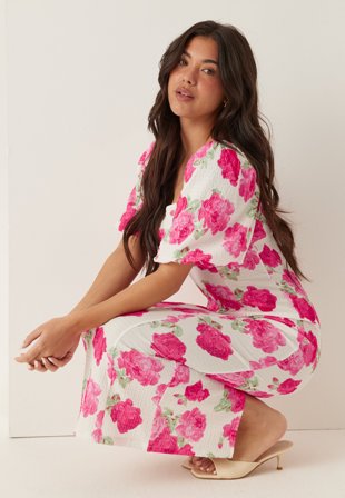 BUBBLEROOM - Volume Sleeve Midi Dress - Pink/Floral