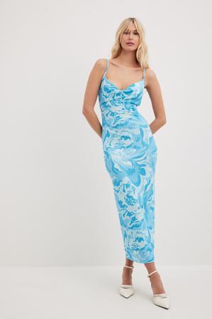 NA-KD Party Robe longue à col bénitier - Robes moulantes - Bleu,Flower - XX-Large