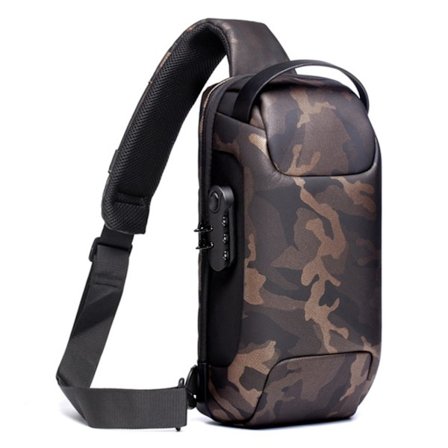 Herre Anti-tyveri Crossbody Taske med Kodeordslås & USB Opladningssystem Vandtæt Oxford Klud Sports Brysttaske(Camouflage)