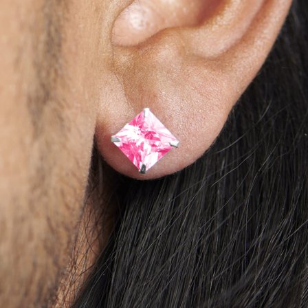 Pink 8mm Square Silver Zirconia Earring for Men - Stud earrings