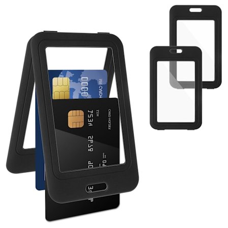 3-delad vertikal ID-korthållare med dubbelsidigt fönster, svart kortskyddspåse