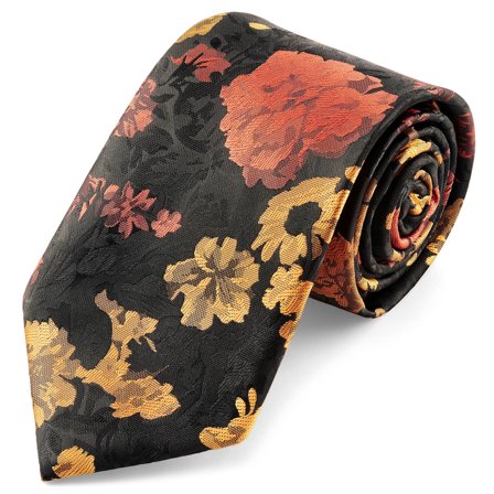 Dianthus | 8 cm Black, Orange and Yellow Flower Tie for Men - Patterned Ties