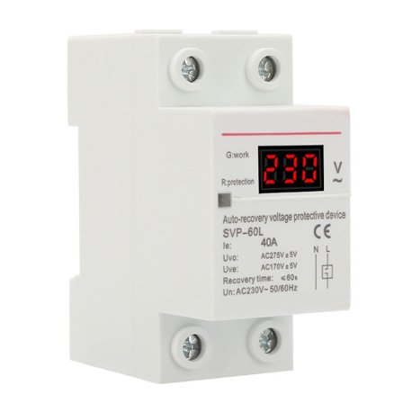 Spenningsregulator, 230V 40A Automatisk Gjenoppretting Overspennings- og Underspenningsbeskyttelsesenhet DIN Skinnemontert Beskytter