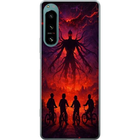 Kompatibelt Mobilskal till Sony Xperia 5 IV Mörk fantasyillustration inspirerad av Stranger Things med övernaturlig varelse, blixtar och cyklande ba