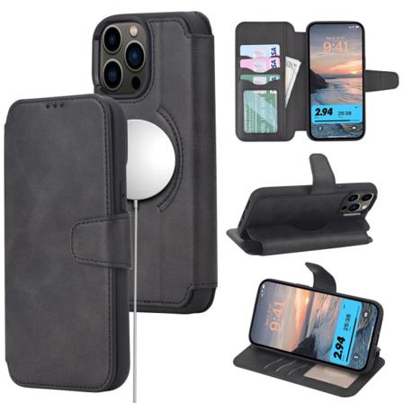 Läderfodral Till Iphone 14 Svart Magnetisk Spot Flip Med Kor