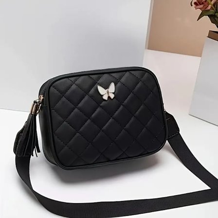 Klassisk vadderad crossbody-väska för kvinnor, liten axelväska med fjärilsdekor, konstläder, miniryggsäck handväska svart