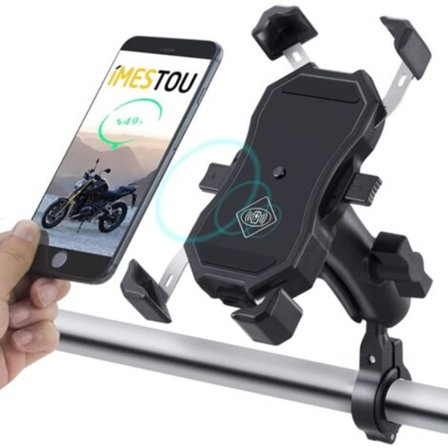 Yhdellä napsautuksella irrotettava langaton moottoripyörän puhelimen latausteline, ohjaustangon latausteline 12V/24V matkapuhelimille (musta)