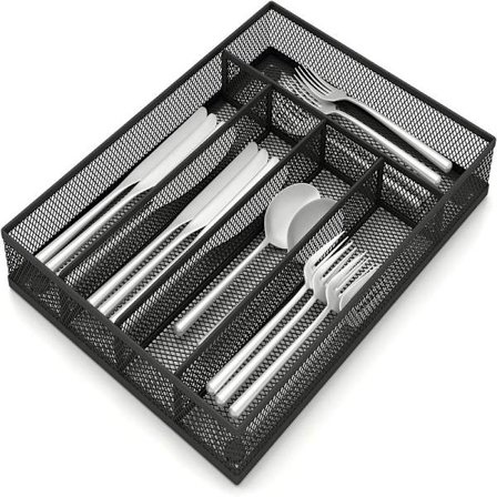 Besticklåda i metallnät, bestickbricka, svart (23,6 x 32 cm)