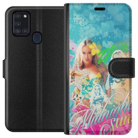 Kompatibelt Lommeboketui til Samsung Galaxy A21s Eventyrverden med Steve, Creeper og dyr i fargerik blokkgrafikk