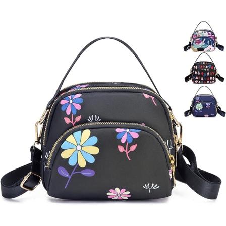 Cross Body Telefonveske Kvinner, Nylon Lommebok Skulder Bag, 3 Lag Zipper Mobiltelefon Pung med Justerbar Rem (Svart Mønster 2)