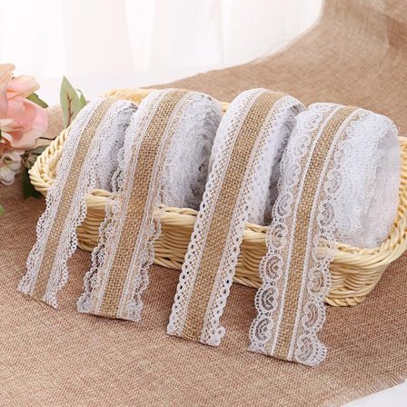 4 Kuviota Juuttipitsi Nauhoja, Pellava Rulla 2,5cm, 2m Jokaiselle Rullalle