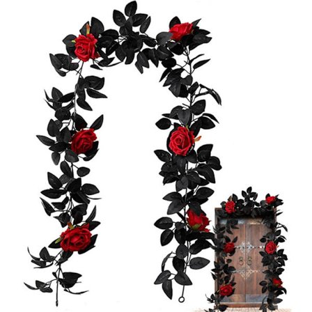 Guirlande med sorte kunstige roser, efterårslønblade til ophængning, sorte efterårsblade, kunstig blomst, silkeranke, efterårshøst, Thanksgiving, 