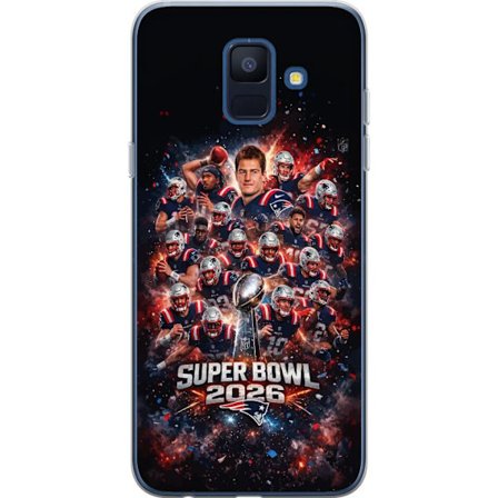 Yhteensopiva Puhelinkuori Samsung Galaxy A6 (2018) Super Bowl 2026 juliste, jossa New England Patriots ja NFL-mestaruuspalkinto räjähtävän urheilullis