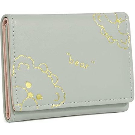 Kawaii lommebok for jenter, søt bjørnekortholder, arrangør, vegansk skinn, trefoldet damepung, bjørnedeksel, grønn